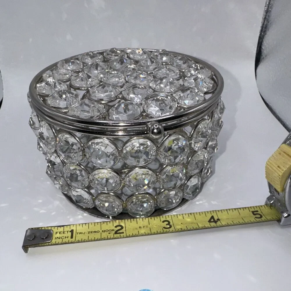 Glass crystal like Jewelry/Trinket  Box, Silver Metal, mirrored inside, lid.